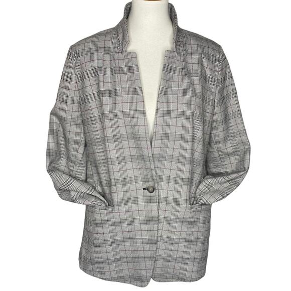 LOFT Heritage Plaid Blazer Gray Glen Check One Button Size 12 Academia Preppy - Picture 1 of 15
